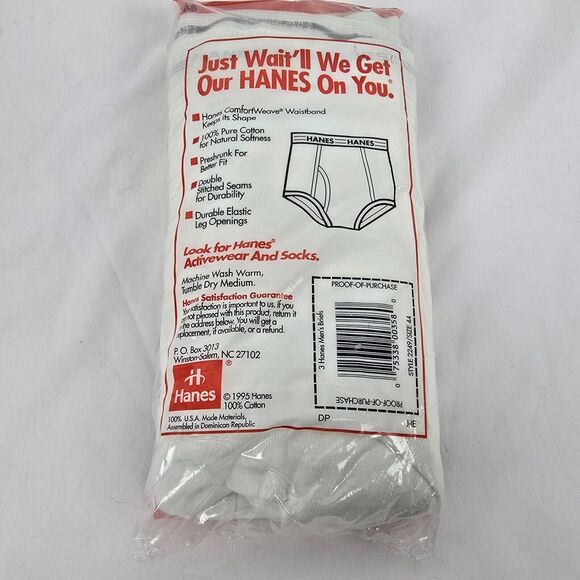 Hanes Briefs Men's 44 White 100% Cotton Preshrunk 3 Pack Vintage 1995 New Sealed - Picture 4 of 7
